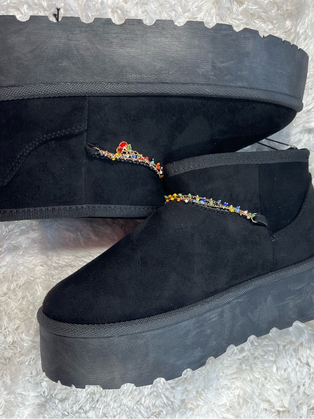 Black Platform Slip-On Suede Shoes with Multicolor Gem Chain Accent
